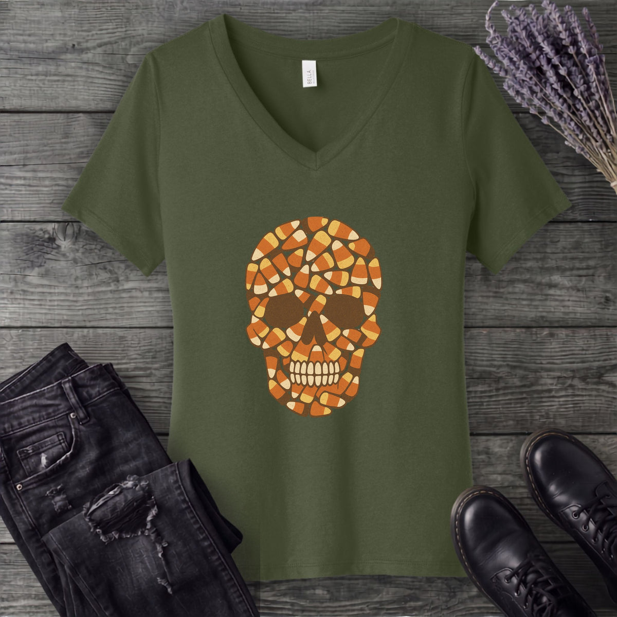 Candy Corn Skull V-Neck T-Shirt