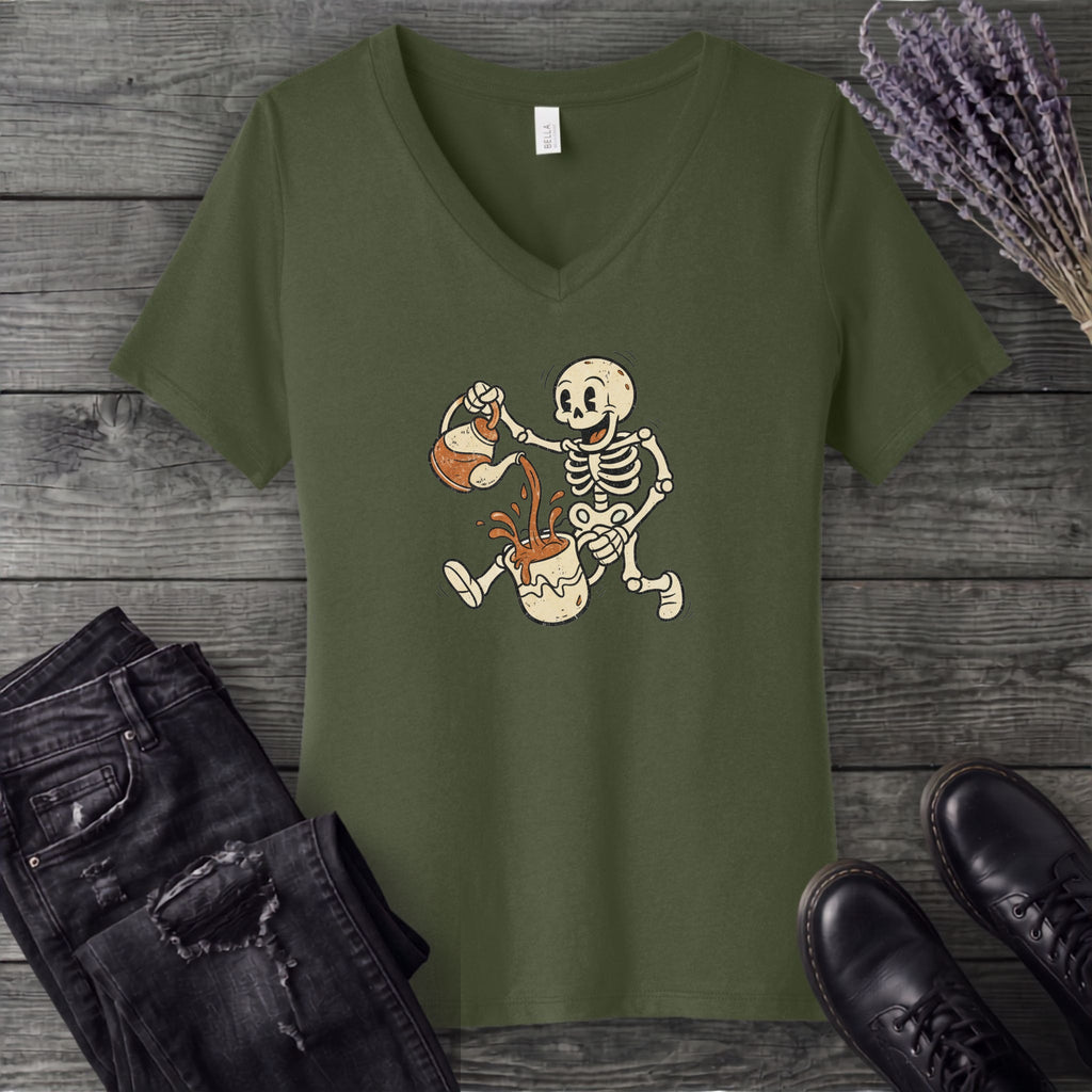 Coffee Skeleton Cartoon V-Neck T-Shirt