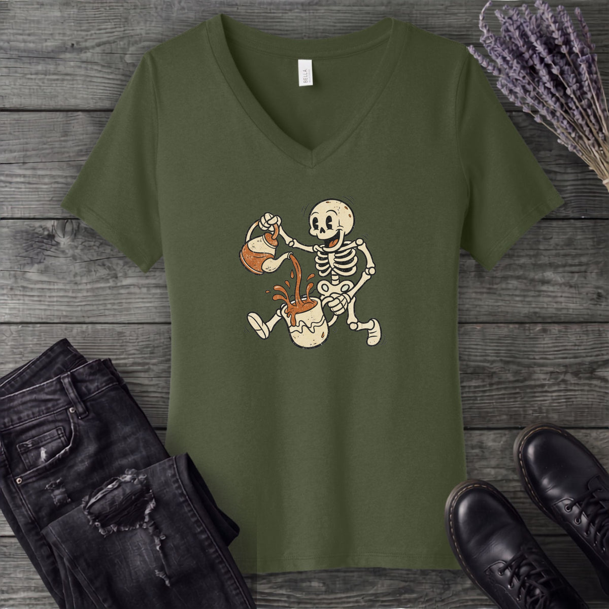 Coffee Skeleton Cartoon V-Neck T-Shirt