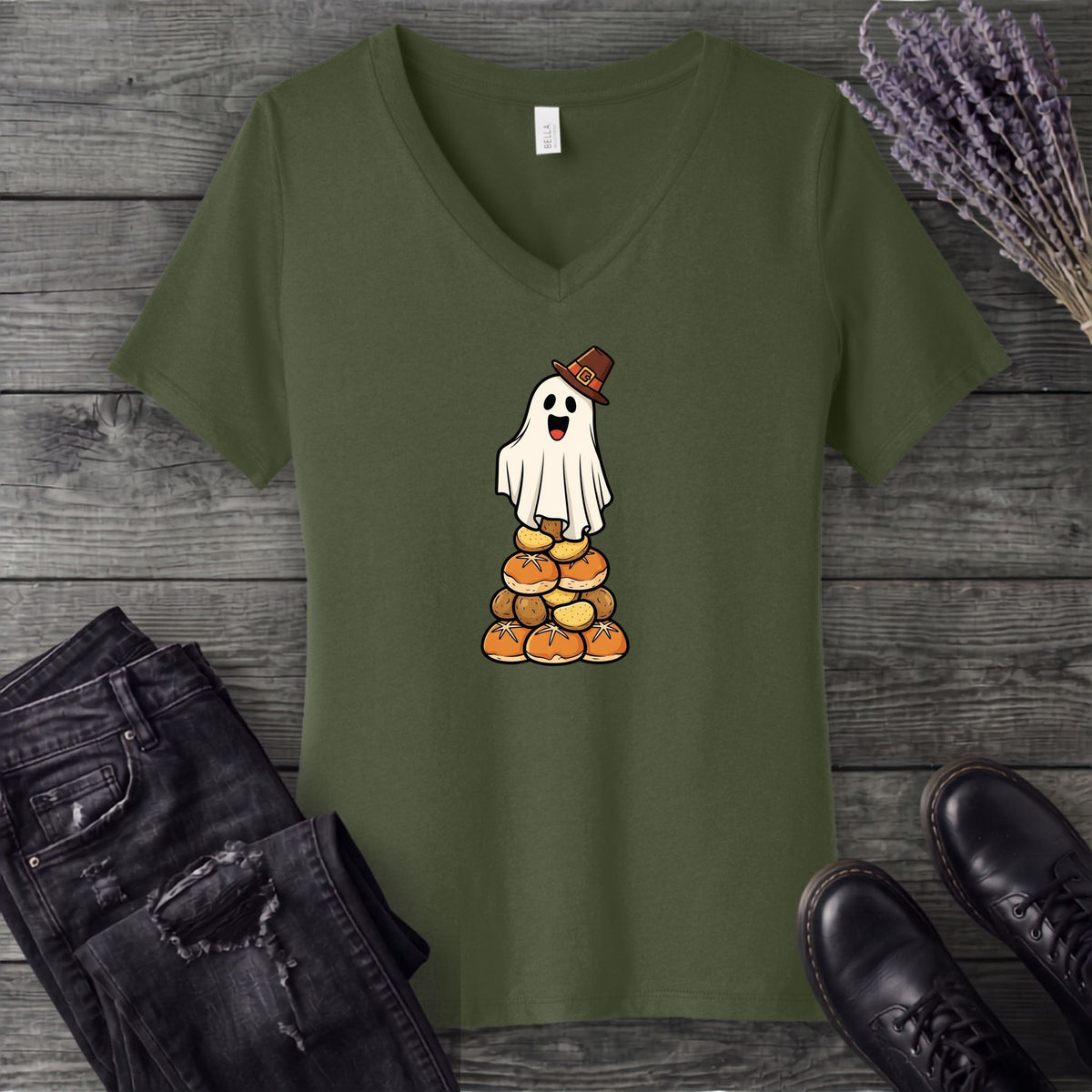 Stacked Bread Pilgrim Ghost V-Neck T-Shirt