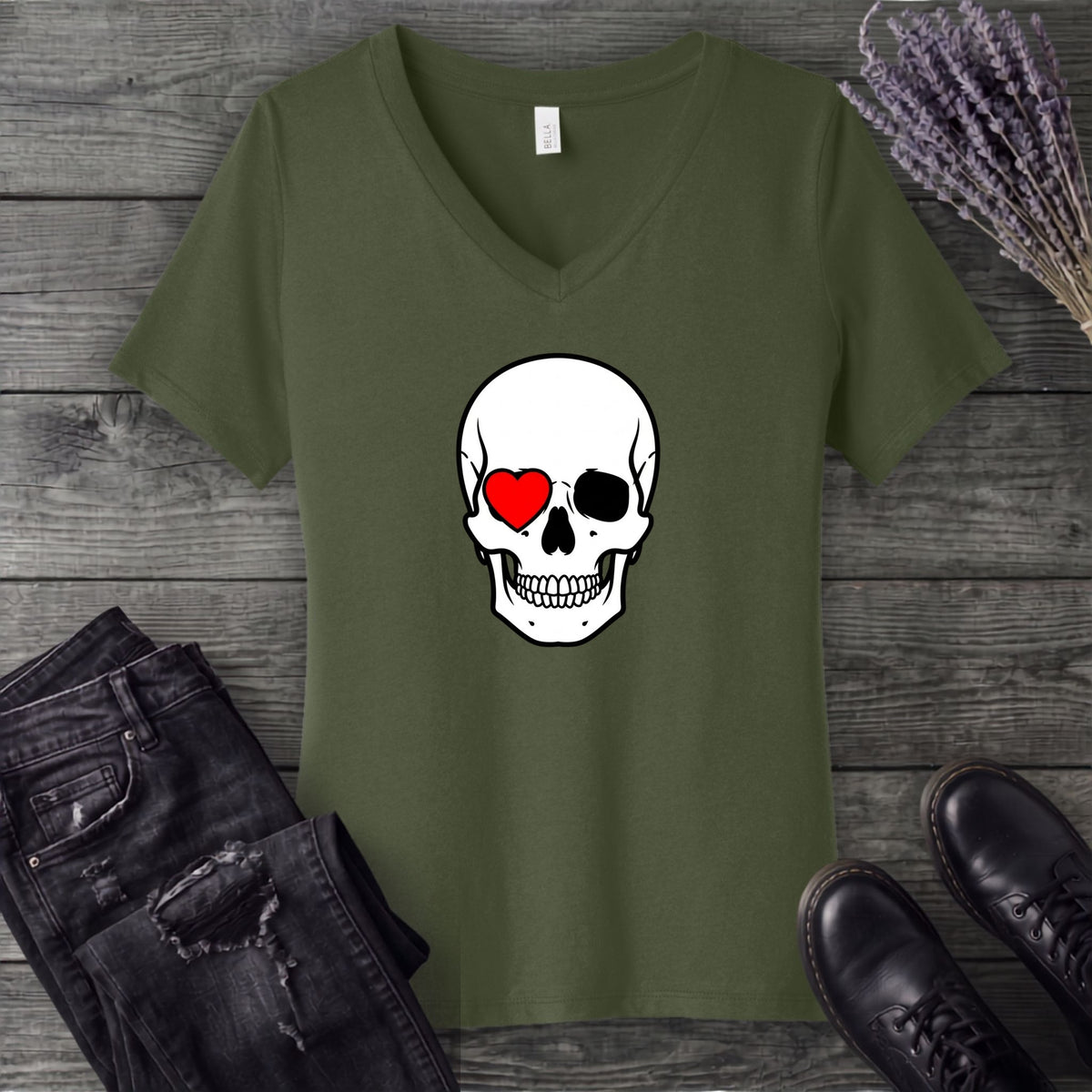 Heart Eye Skull V-Neck T-Shirt