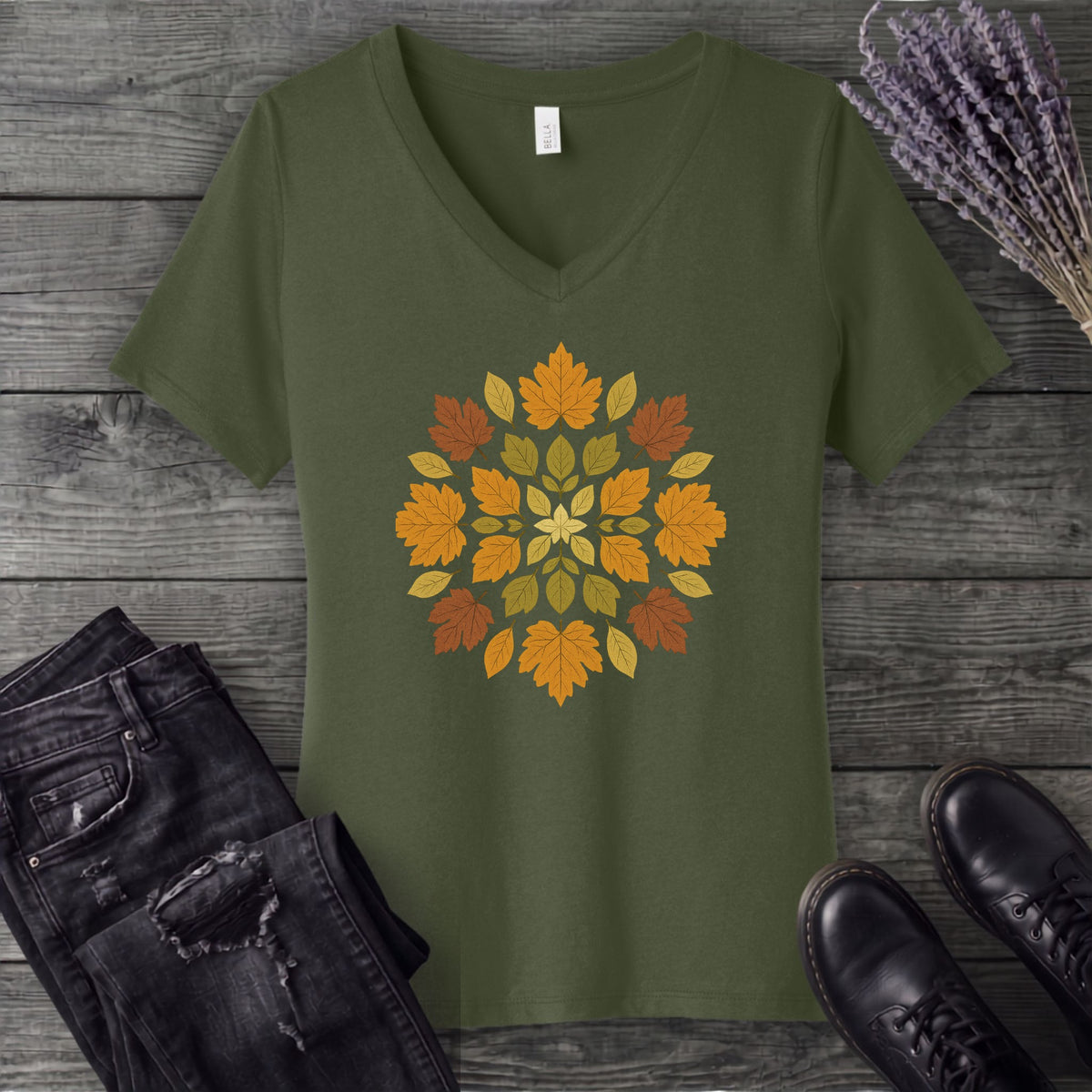 autumn leaves mandala V-Neck T-Shirt