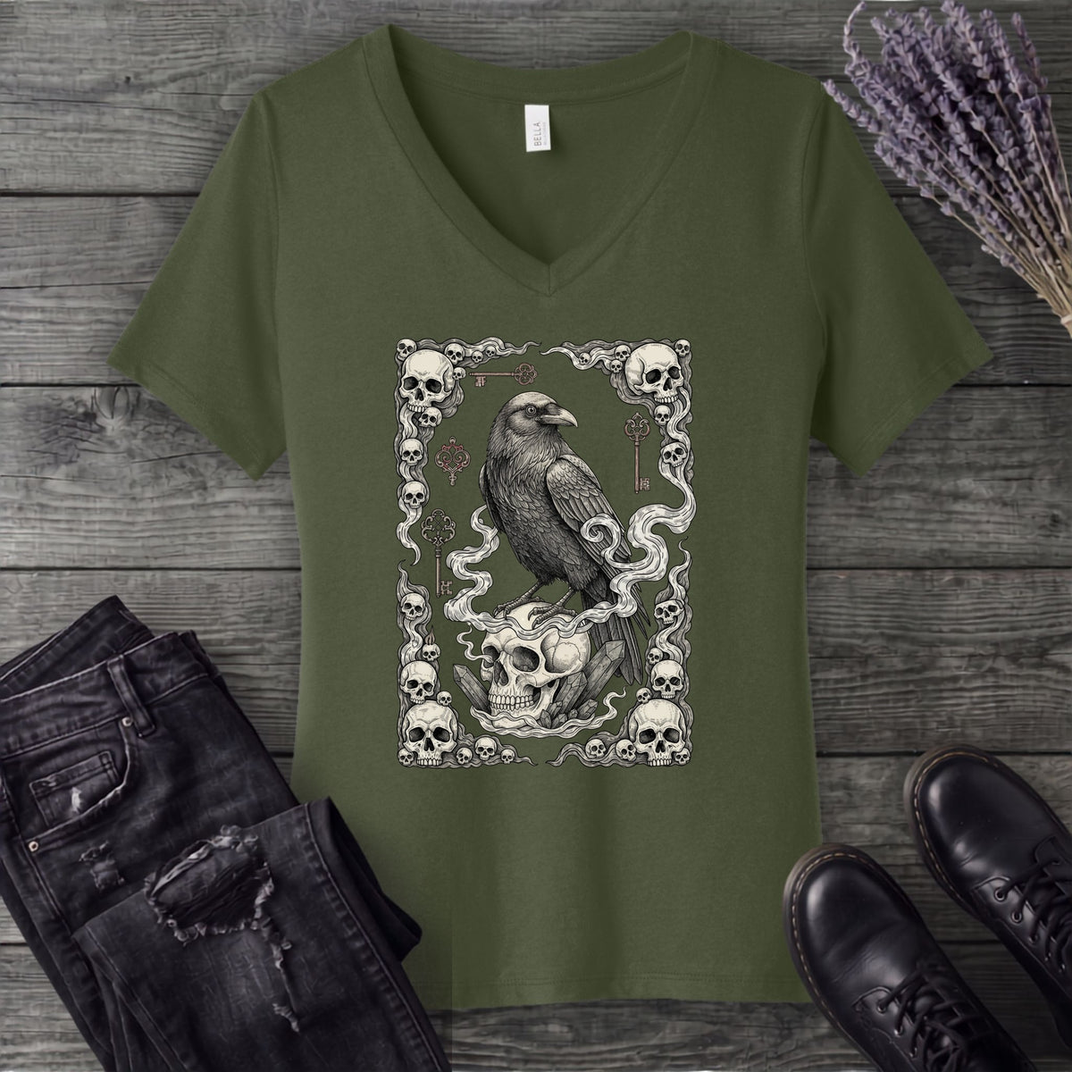Raven Skull Card V-Neck T-Shirt