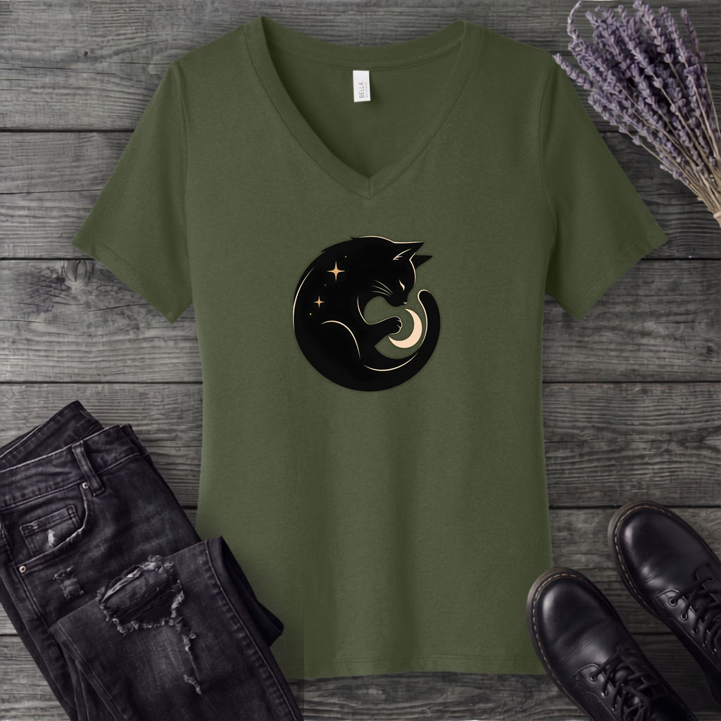 Cat and Moon V-Neck T-Shirt