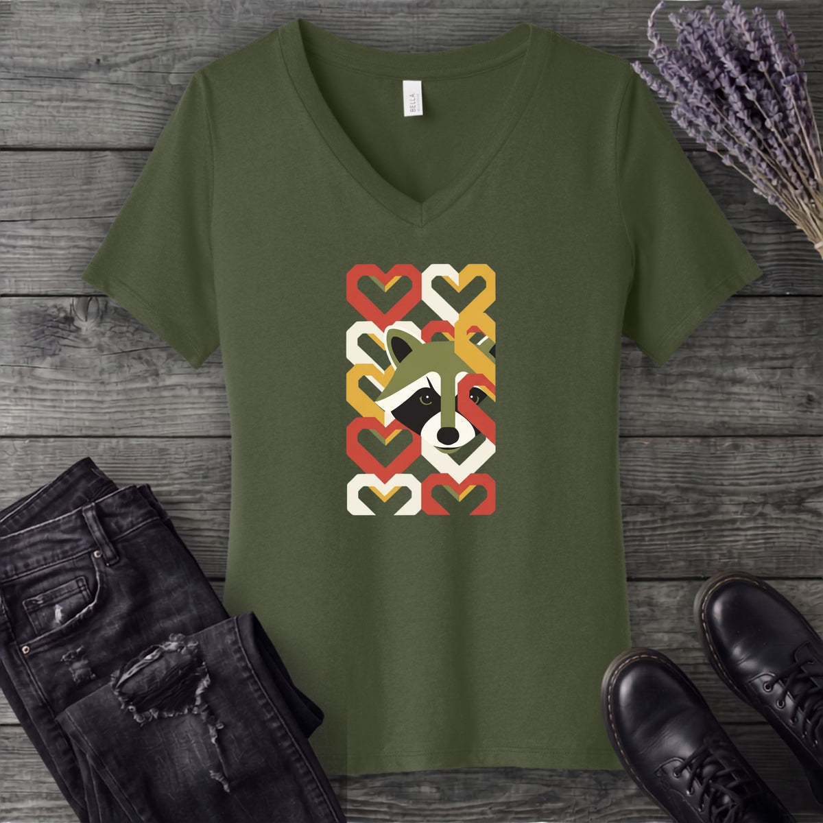 Geometric Hearts Raccoon V-Neck T-Shirt