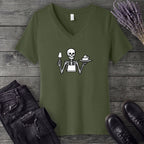 Skeleton Serving Pie V-Neck T-Shirt