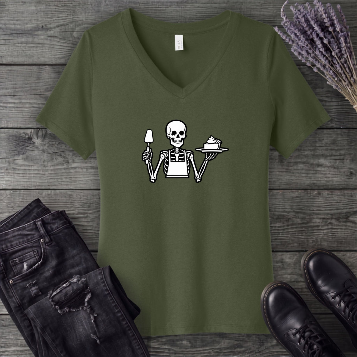 Skeleton Serving Pie V-Neck T-Shirt
