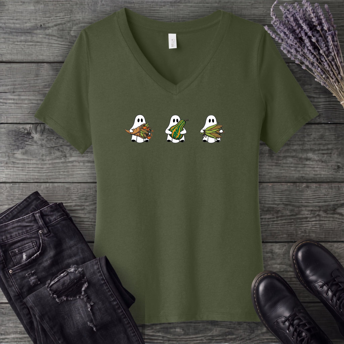 Ghosts Autumn Gourds V-Neck T-Shirt