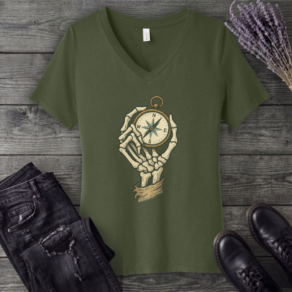 Nautical Compass Skeleton Hand V-Neck T-Shirt
