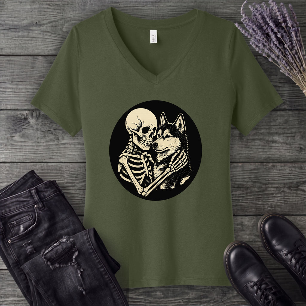 Skeleton Husky Hug V-Neck T-Shirt