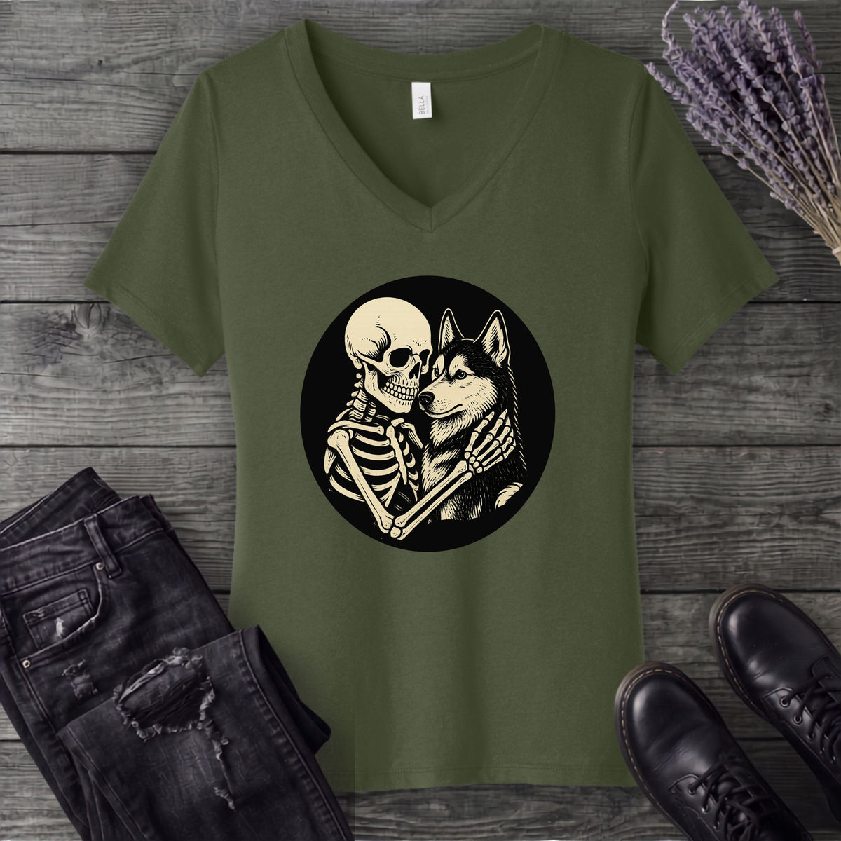 Skeleton Husky Hug V-Neck T-Shirt