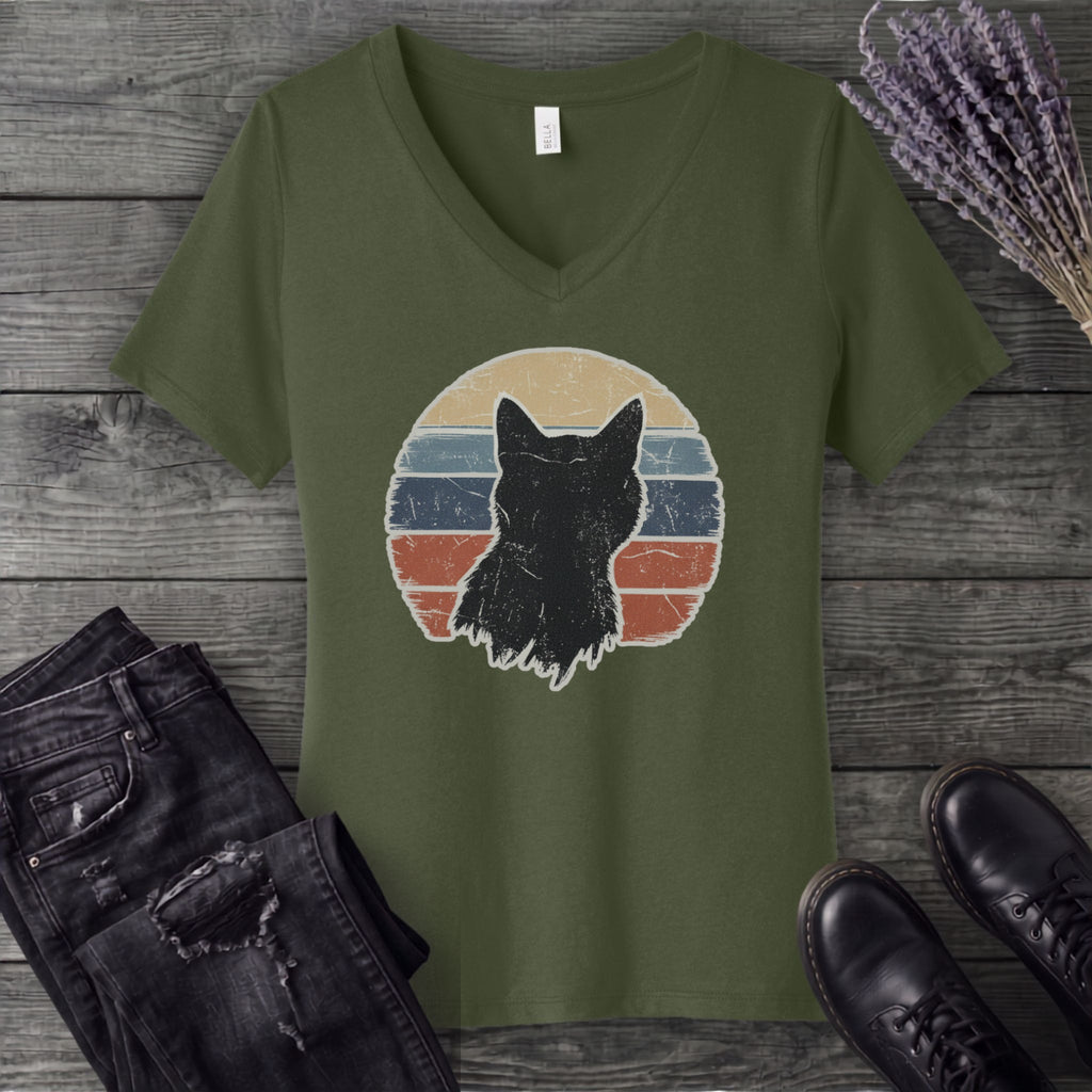 Cat Silhouette Sunset Grunge V-Neck T-Shirt