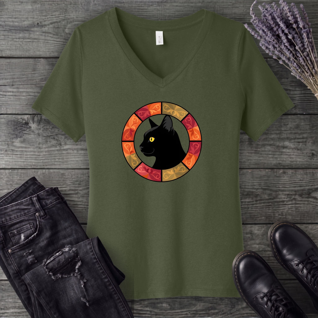 Black Cat Autumn Medallion V-Neck T-Shirt