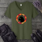 Black Cat Autumn Medallion V-Neck T-Shirt