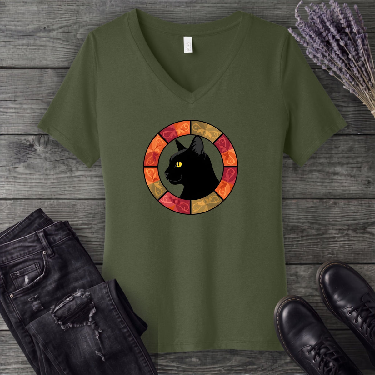 Black Cat Autumn Medallion V-Neck T-Shirt