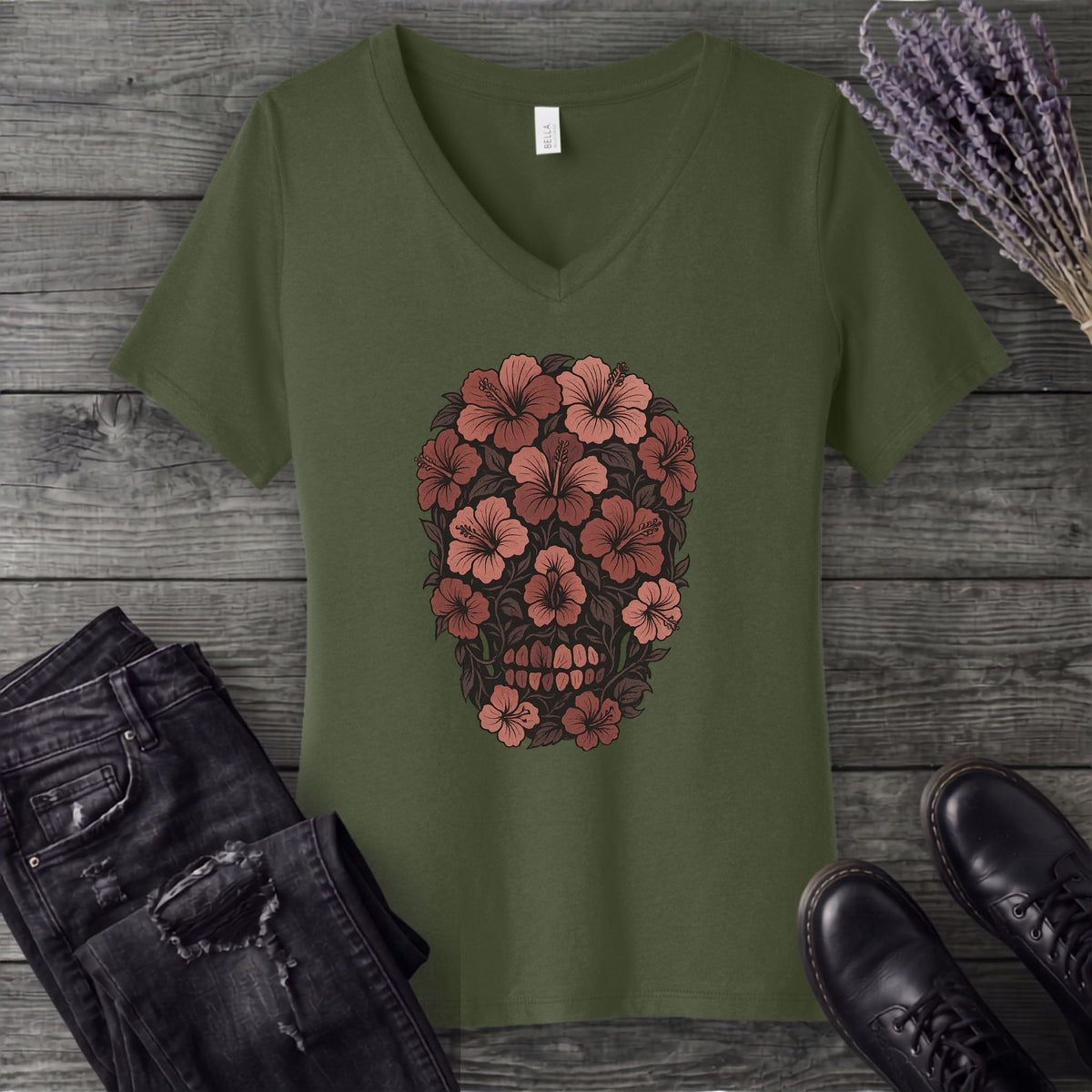 Hibiscus Skull V-Neck T-Shirt