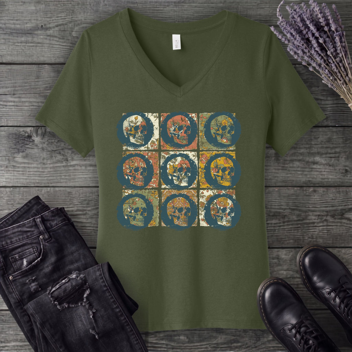 grunge skull floral grid V-Neck T-Shirt