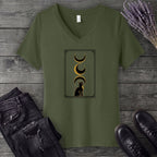 art deco black cat moon phases V-Neck T-Shirt