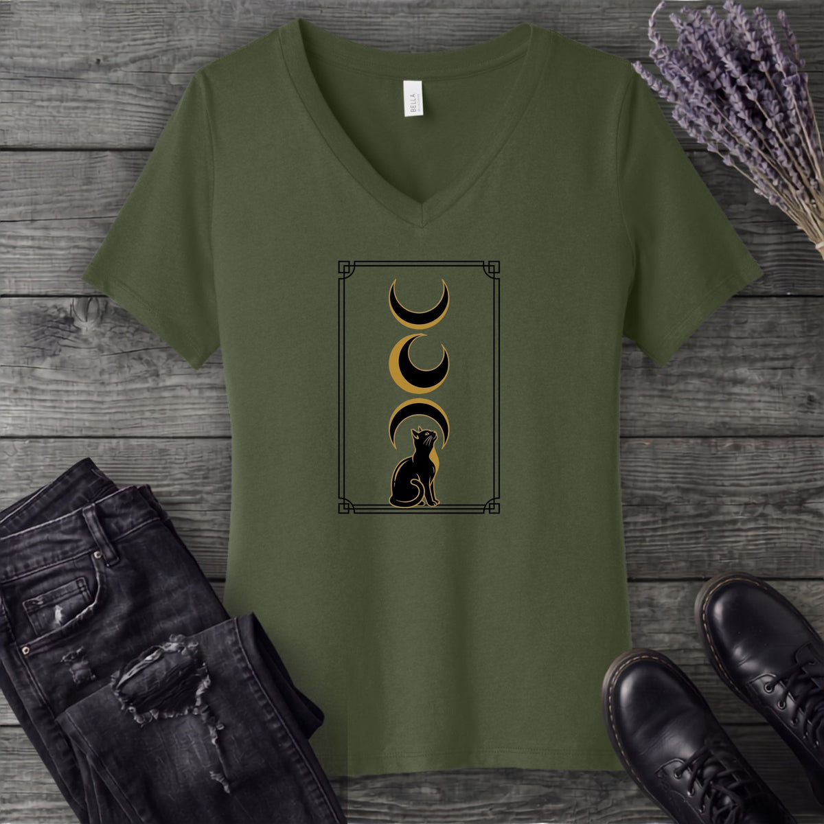art deco black cat moon phases V-Neck T-Shirt