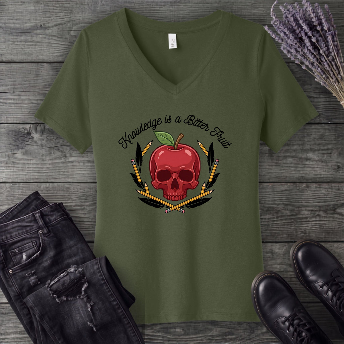 knowledge is a bitter fruit apple skull V-Neck T-Shirt