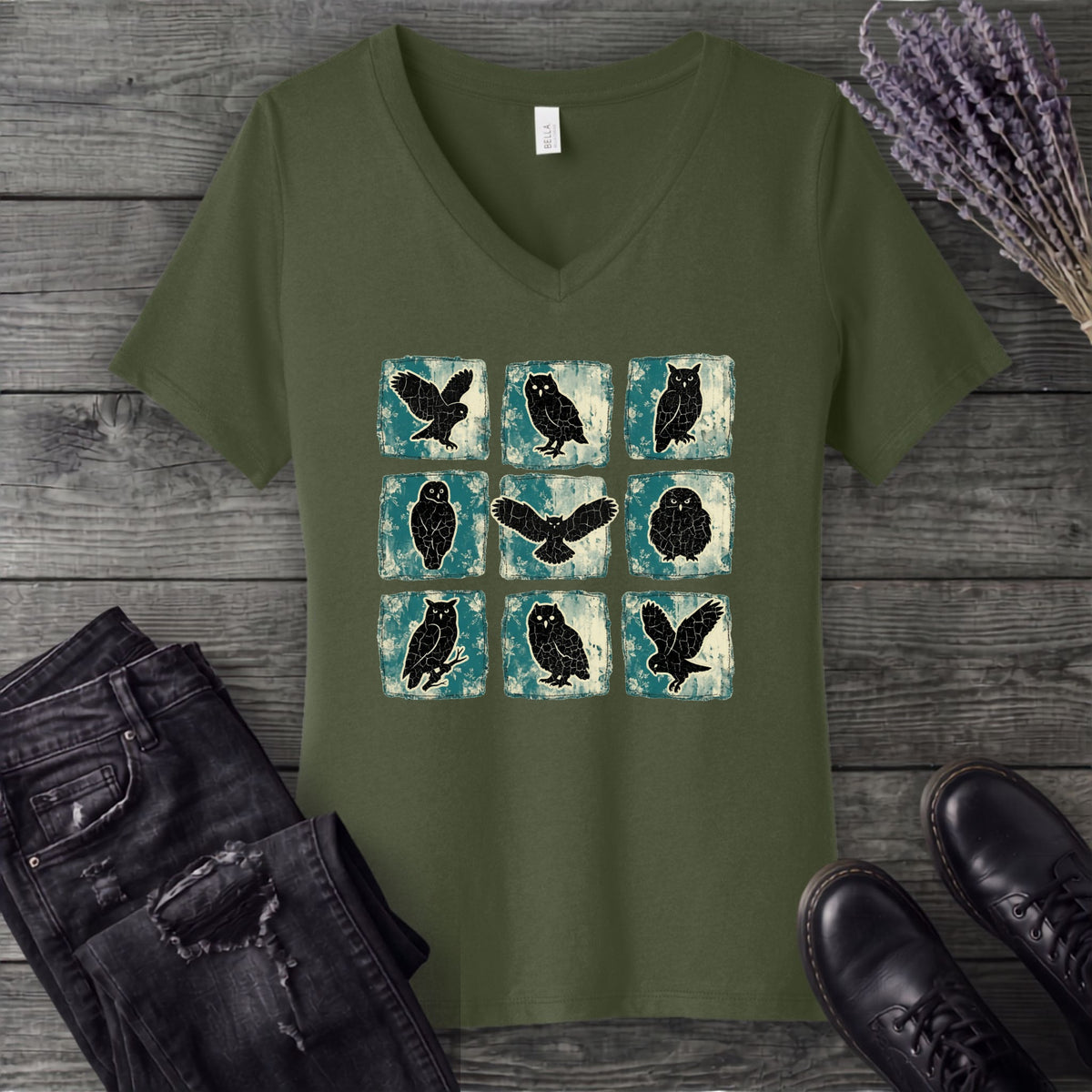 Grunge Owl Grid V-Neck T-Shirt