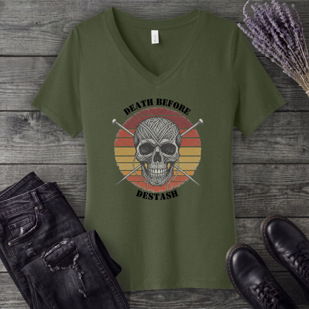 Death Before Destash Yarn Skull V-Neck T-Shirt