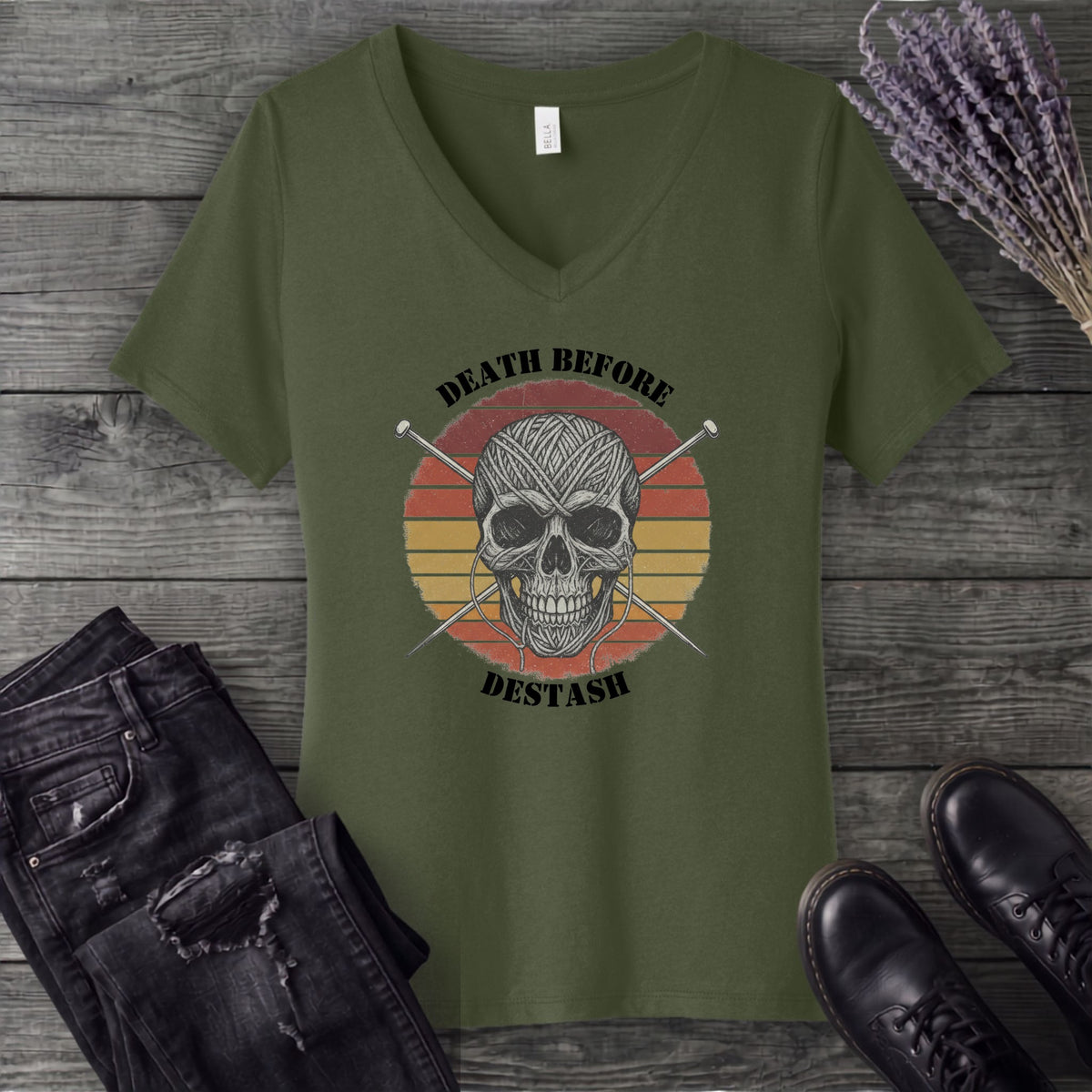 Death Before Destash Yarn Skull V-Neck T-Shirt