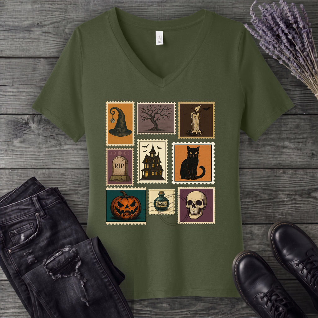 Halloween Stamps Collage V-Neck T-Shirt