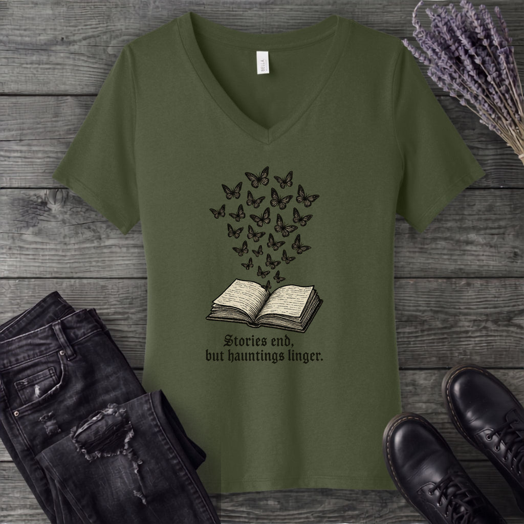 Stories End But Hautings Linger V-Neck T-Shirt