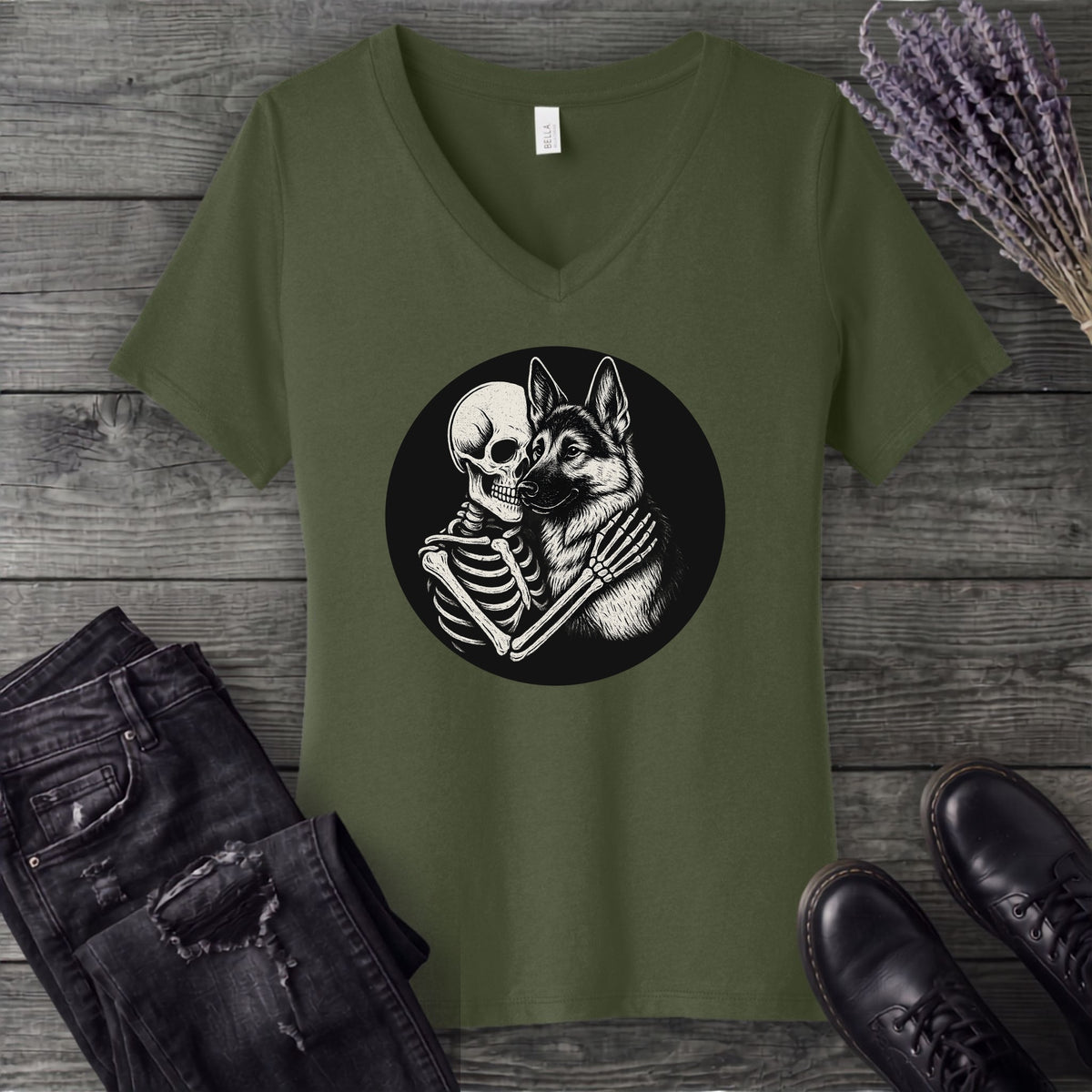 Skeleton German Shepherd Hug V-Neck T-Shirt