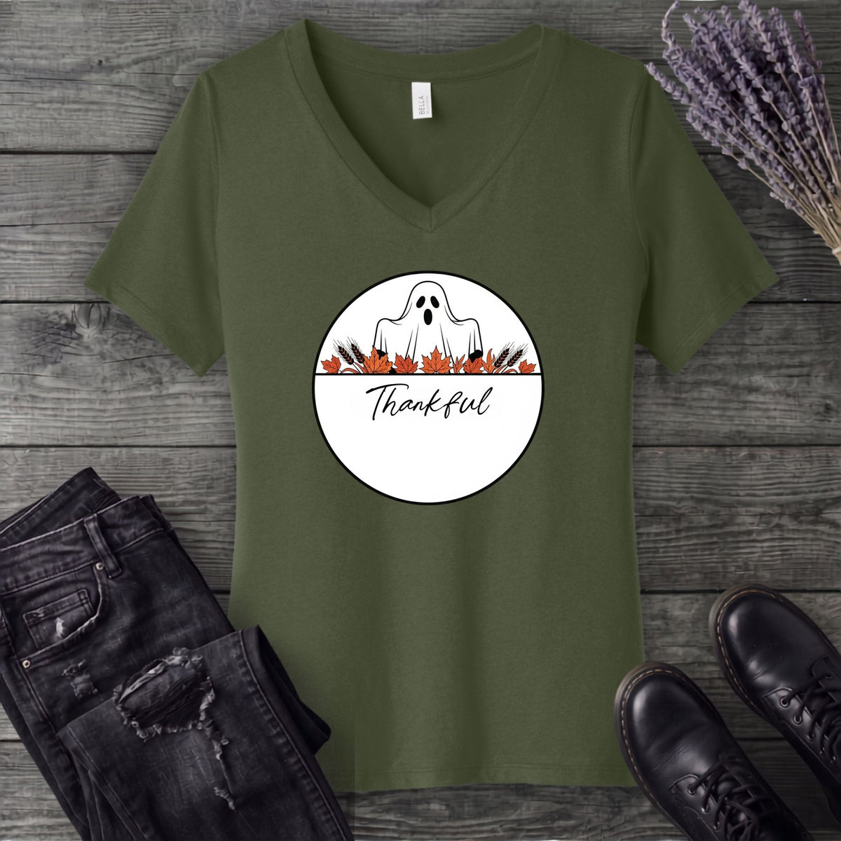 Ghost Thankful Badge V-Neck T-Shirt
