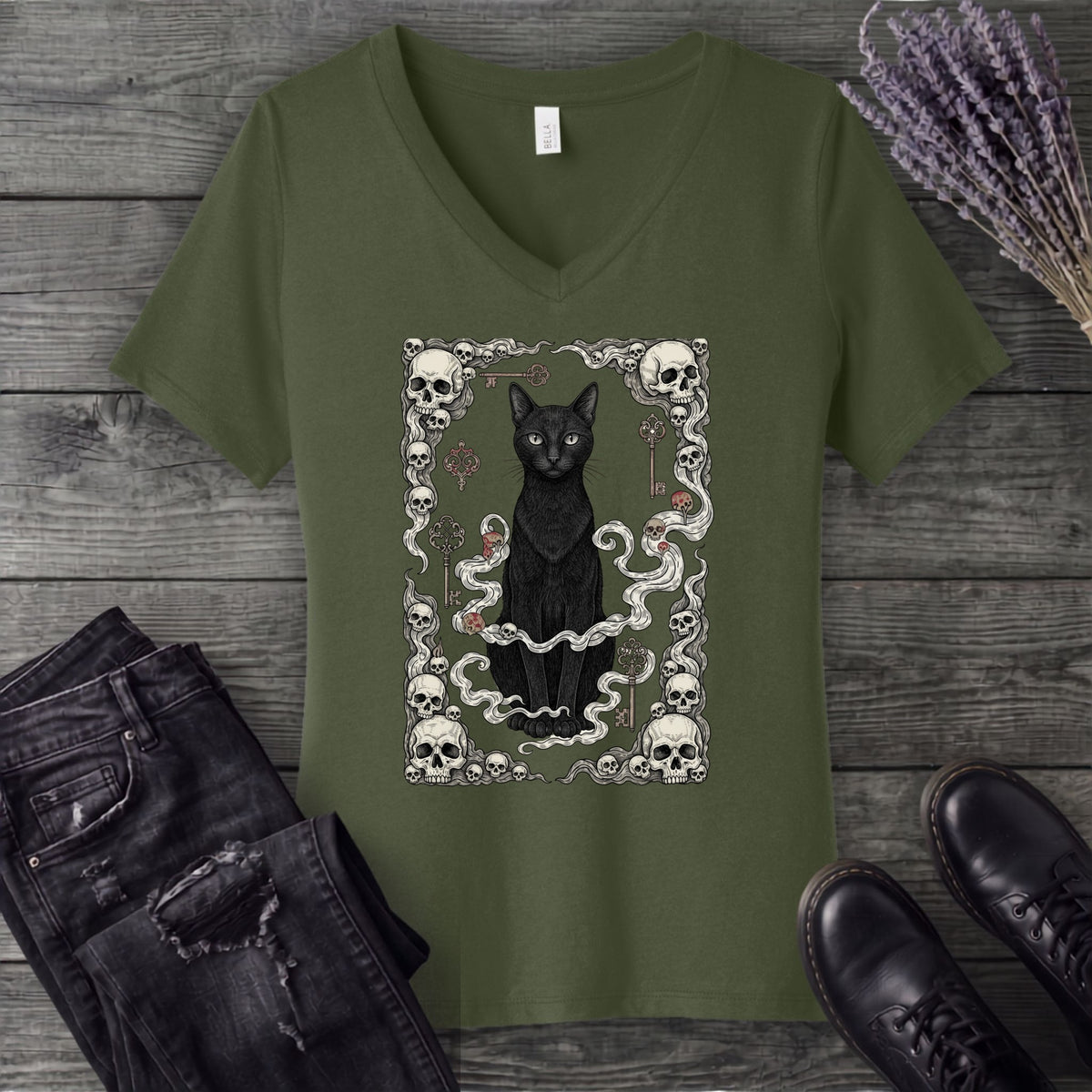 Cat Skull Card V-Neck T-Shirt