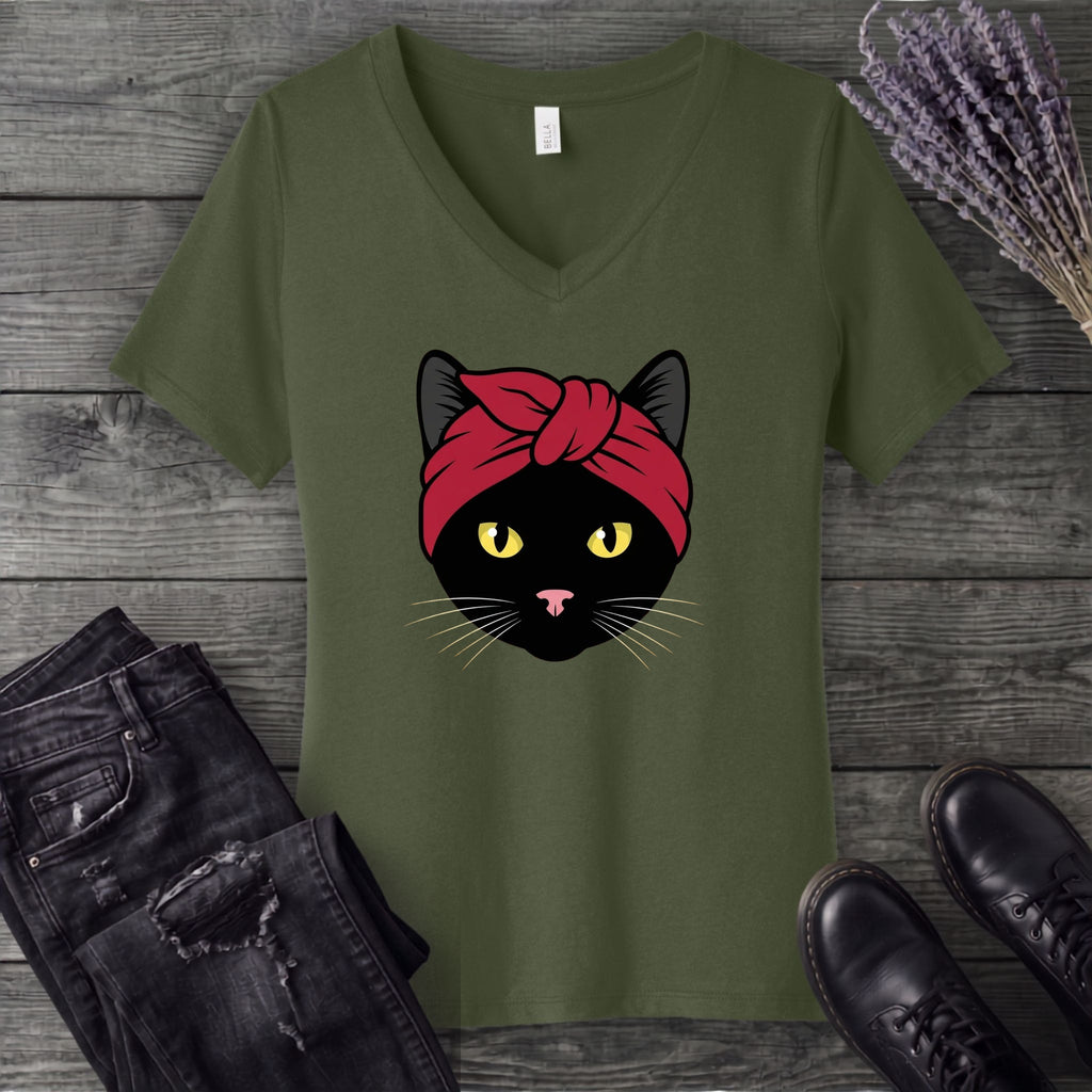 Black Cat Headband V-Neck T-Shirt