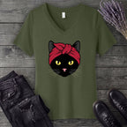 Black Cat Headband V-Neck T-Shirt