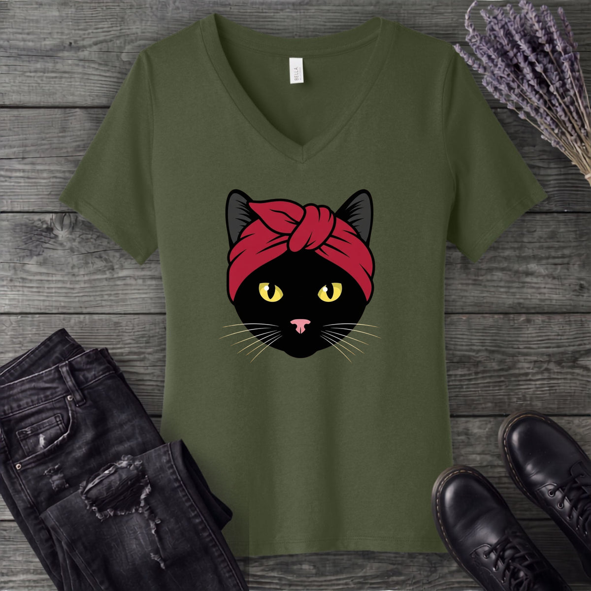 Black Cat Headband V-Neck T-Shirt