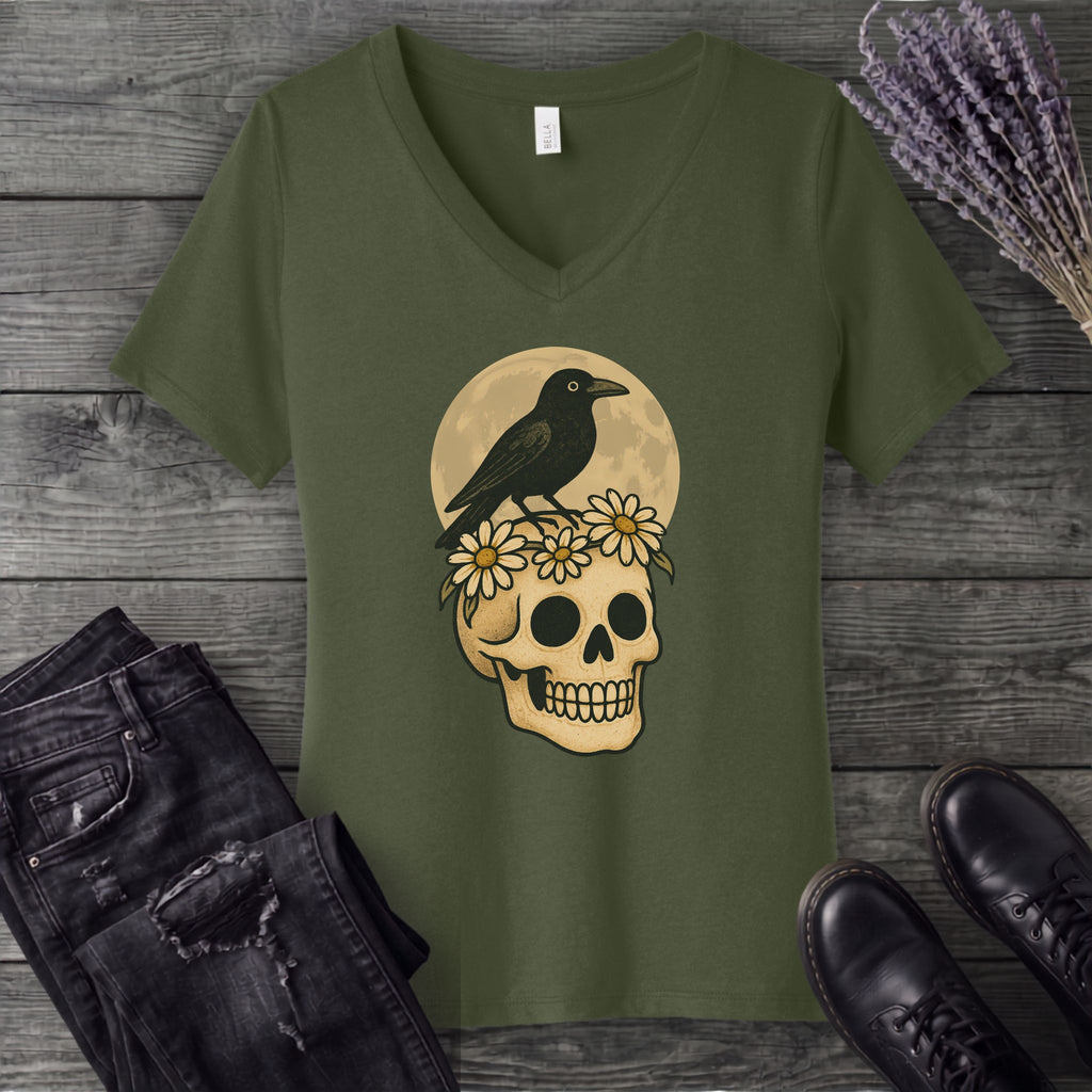 Crow On Skull V-Neck T-Shirt