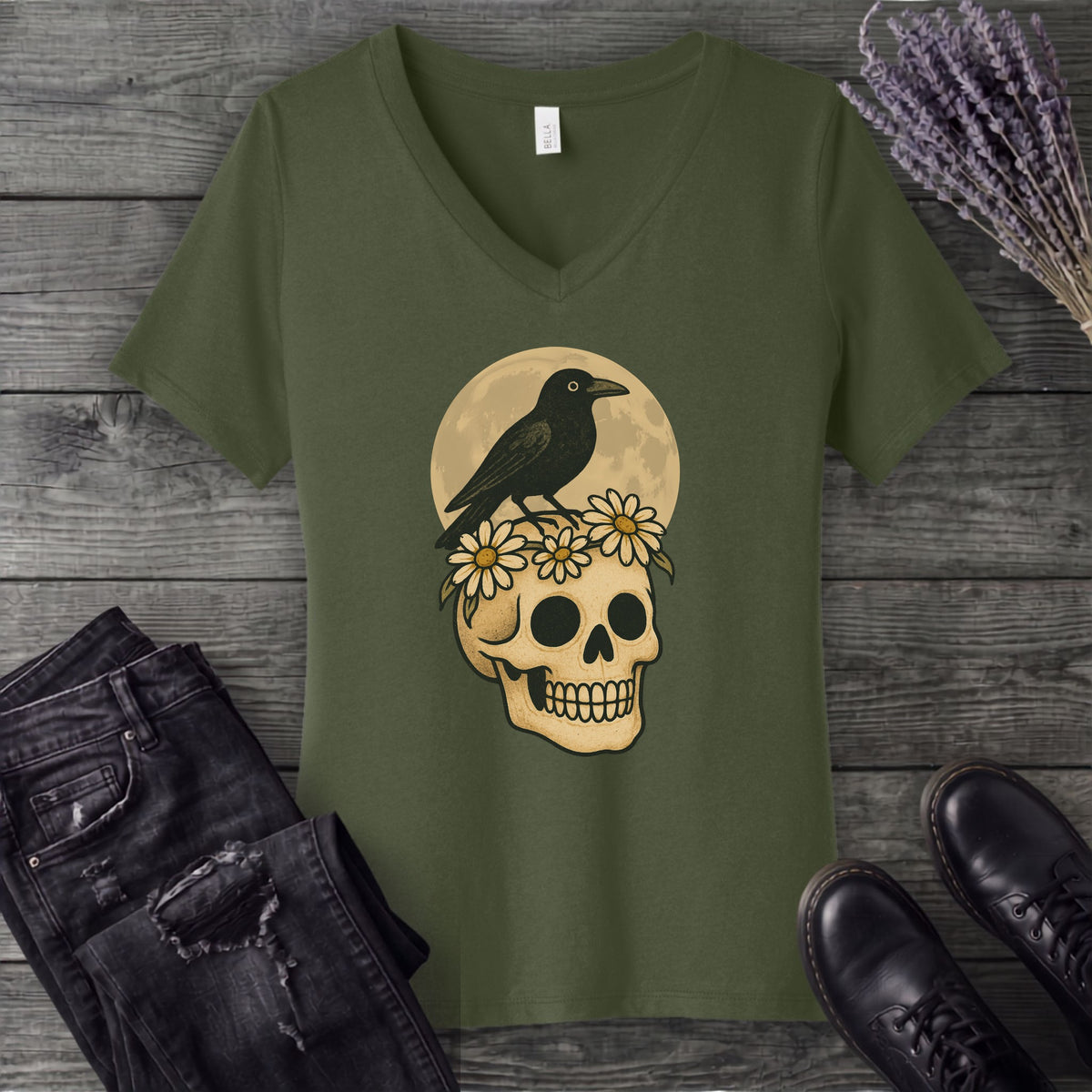Crow On Skull V-Neck T-Shirt