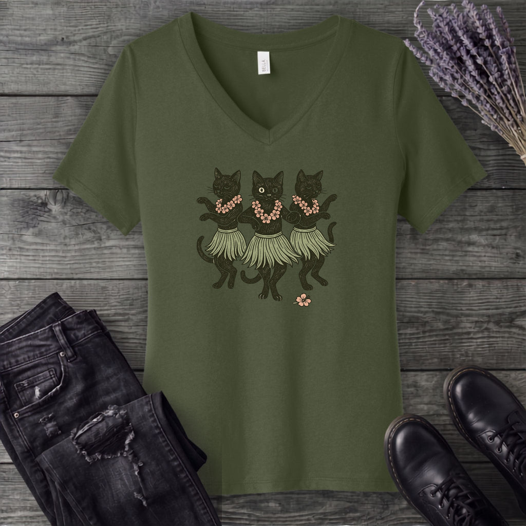 Hula Black Cat Trio V-Neck T-Shirt