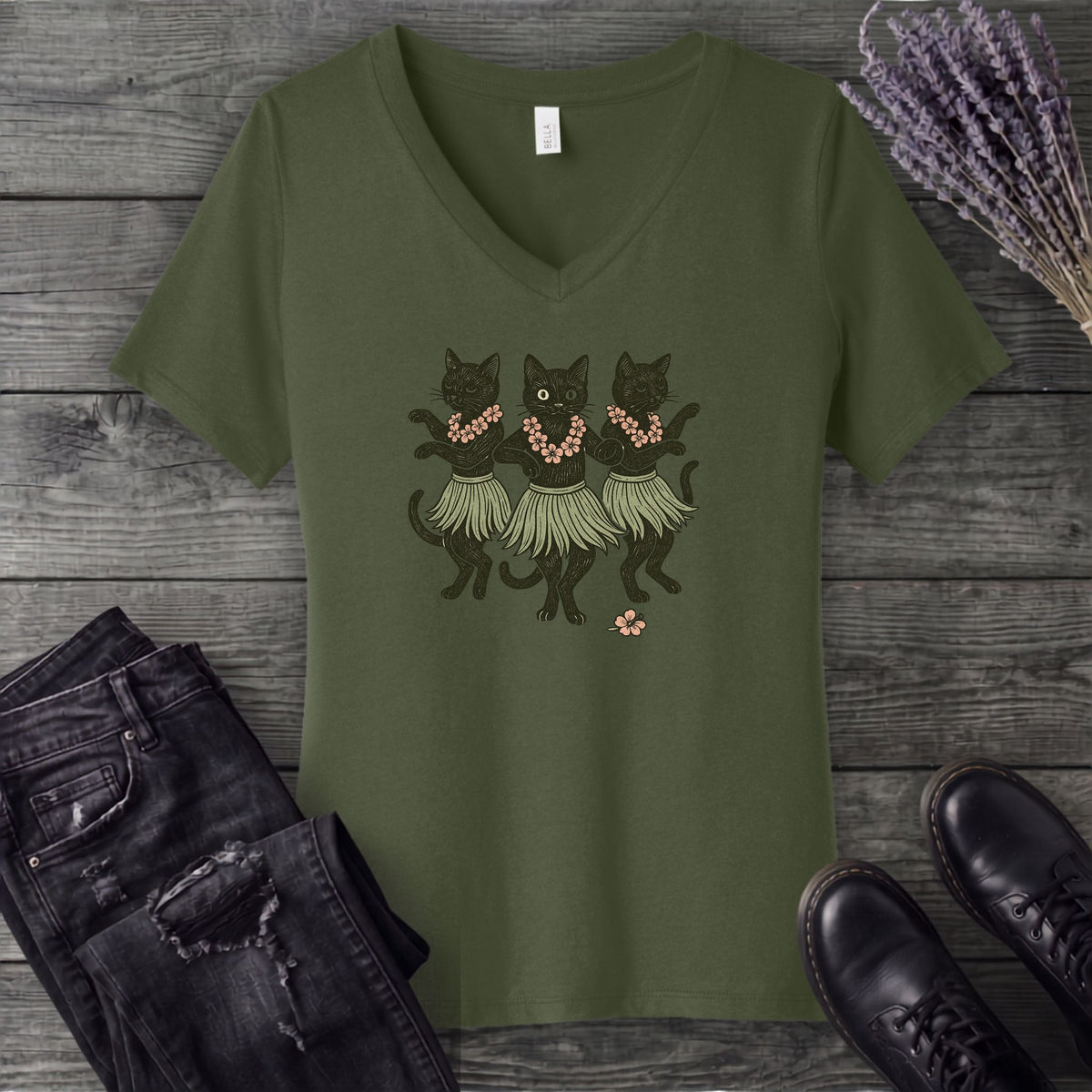 Hula Black Cat Trio V-Neck T-Shirt