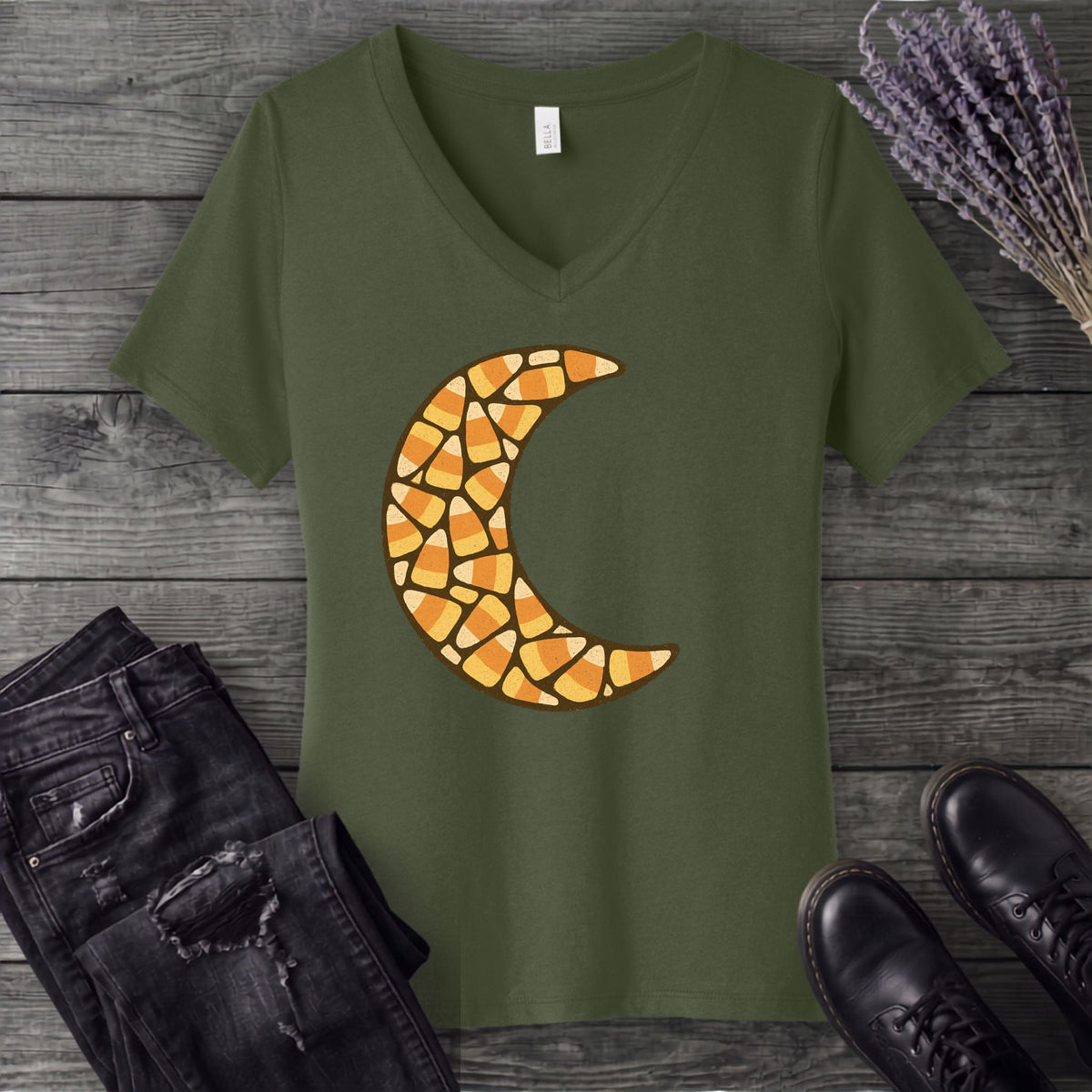 Candy Corn Crescent Moon V-Neck T-Shirt