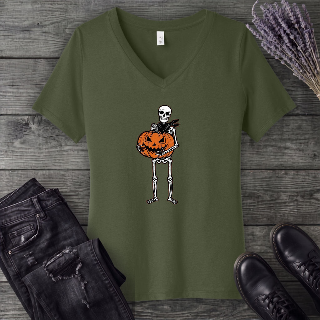 Skeleton Jack O Lantern V-Neck T-Shirt