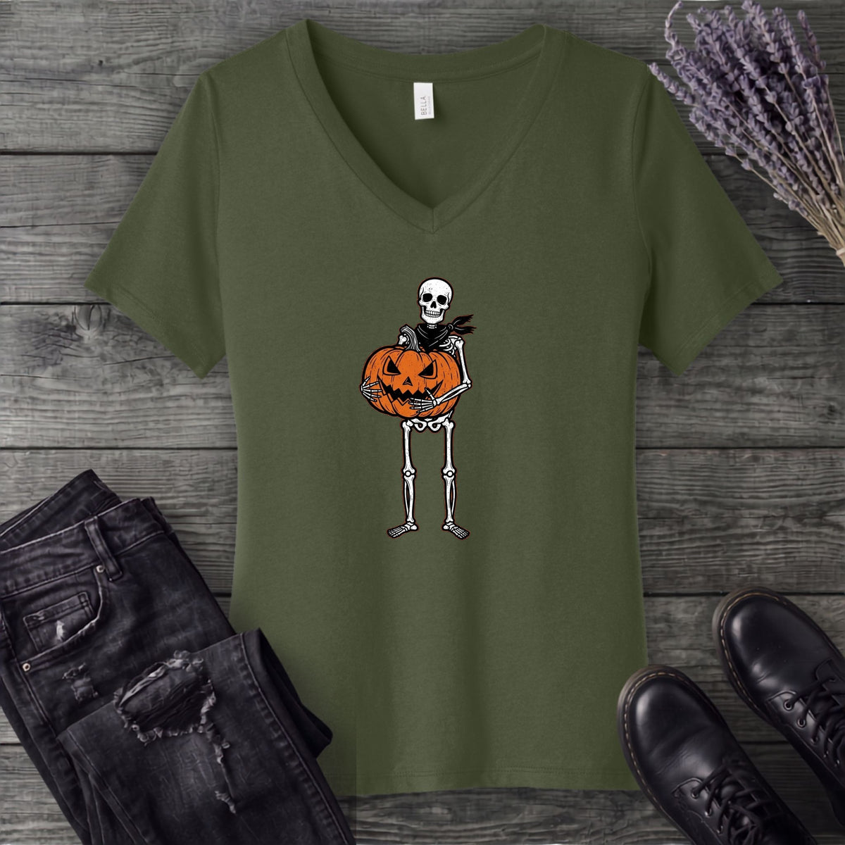 Skeleton Jack O Lantern V-Neck T-Shirt