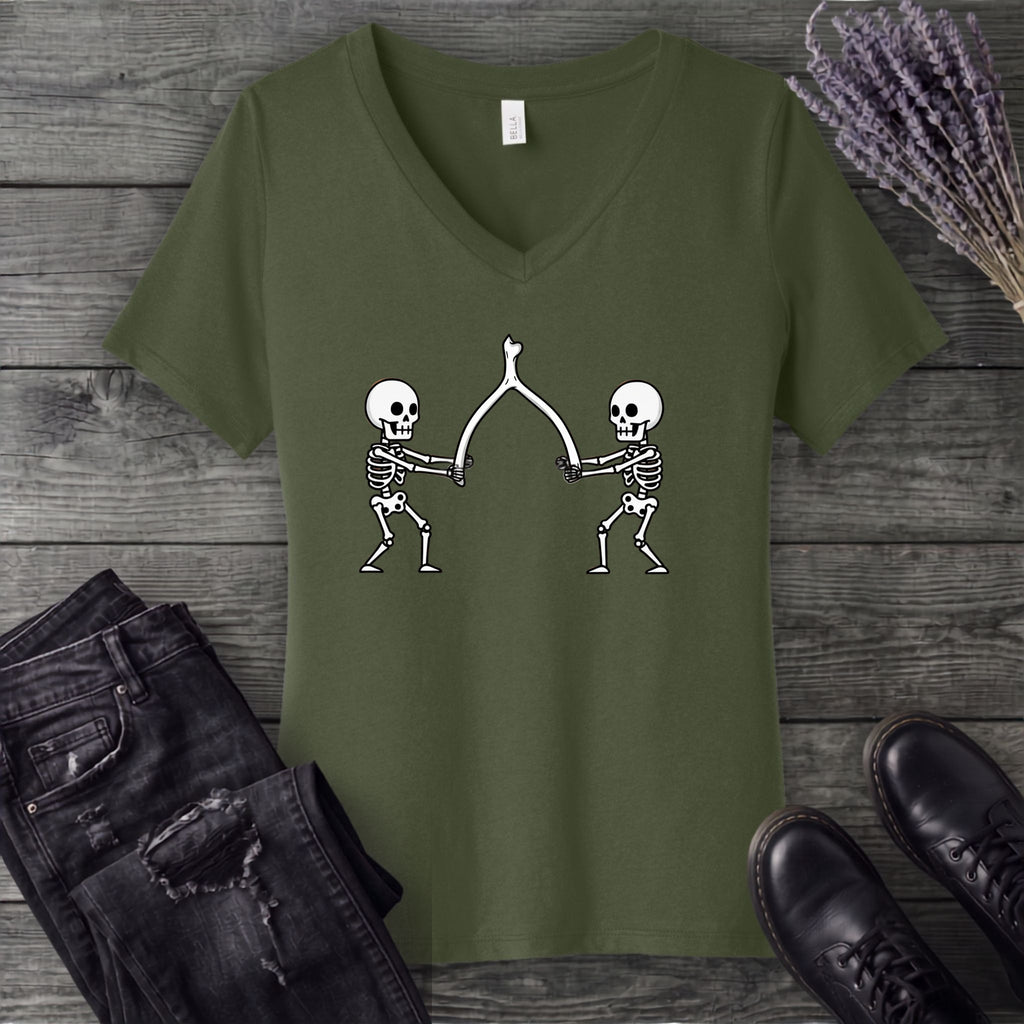 Skeleton Wishbone Pull V-Neck T-Shirt