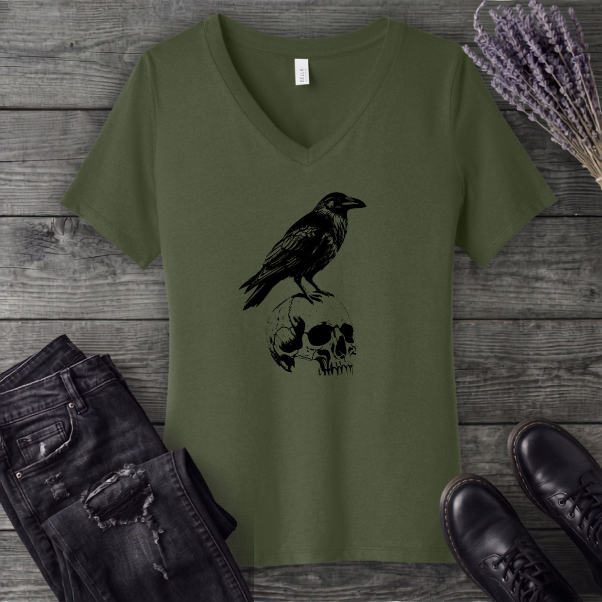 Classic Crow and Skull V-Neck T-Shirt