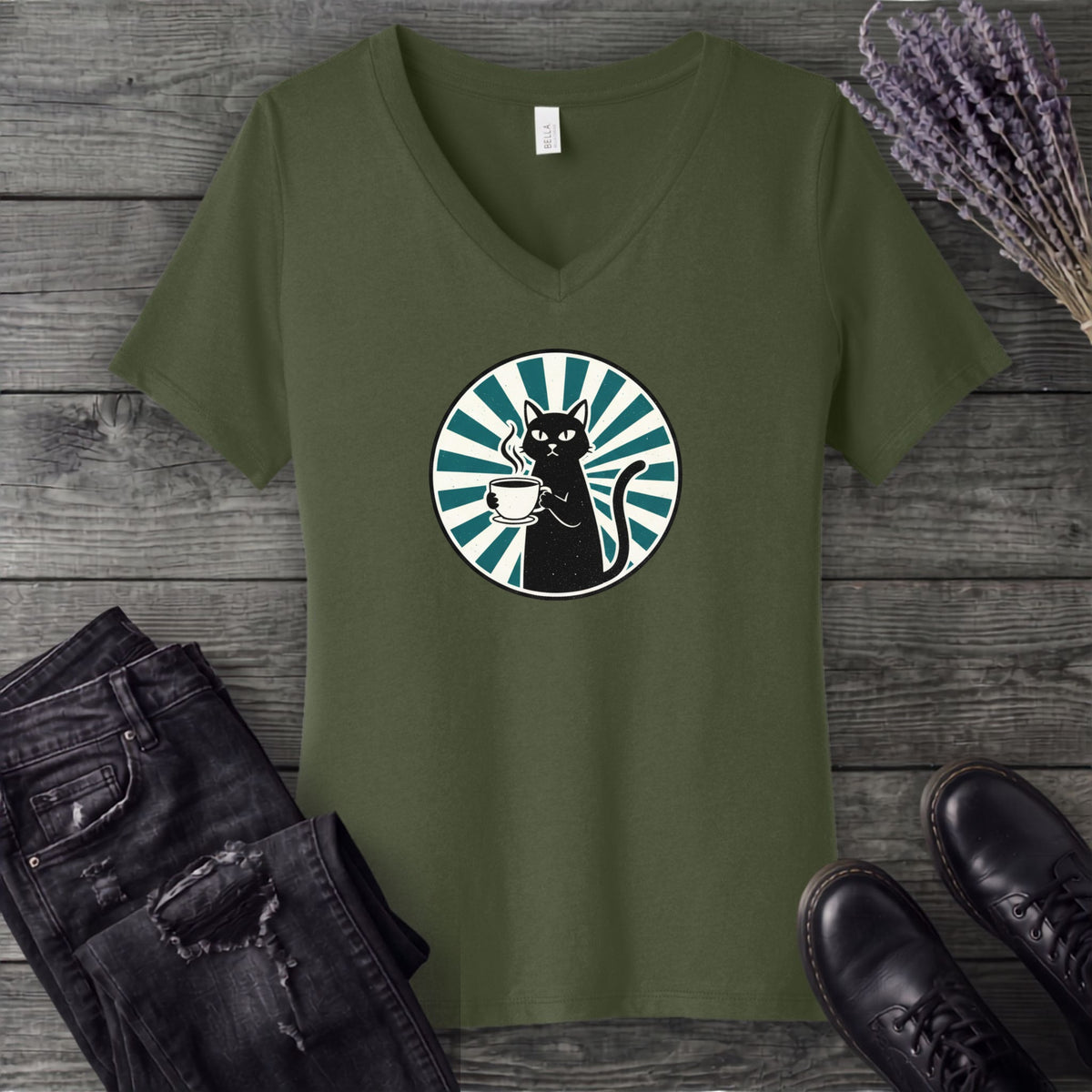Black Cat Coffee V-Neck T-Shirt
