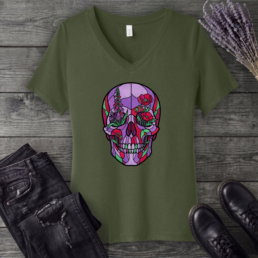 botanical stained glass skull V-Neck T-Shirt