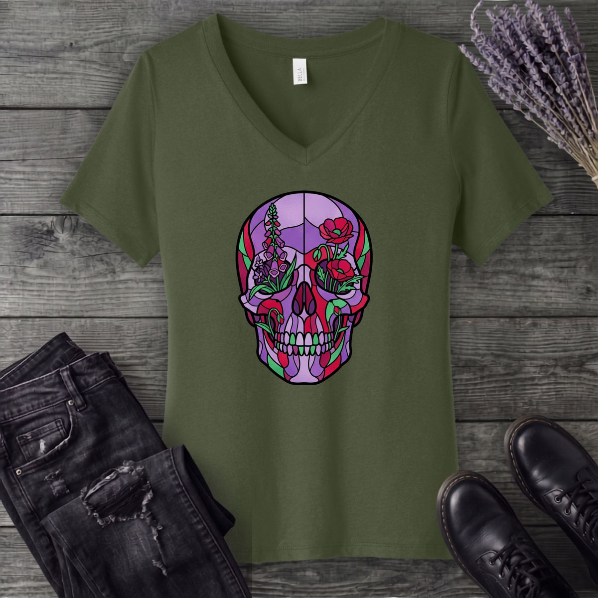 botanical stained glass skull V-Neck T-Shirt