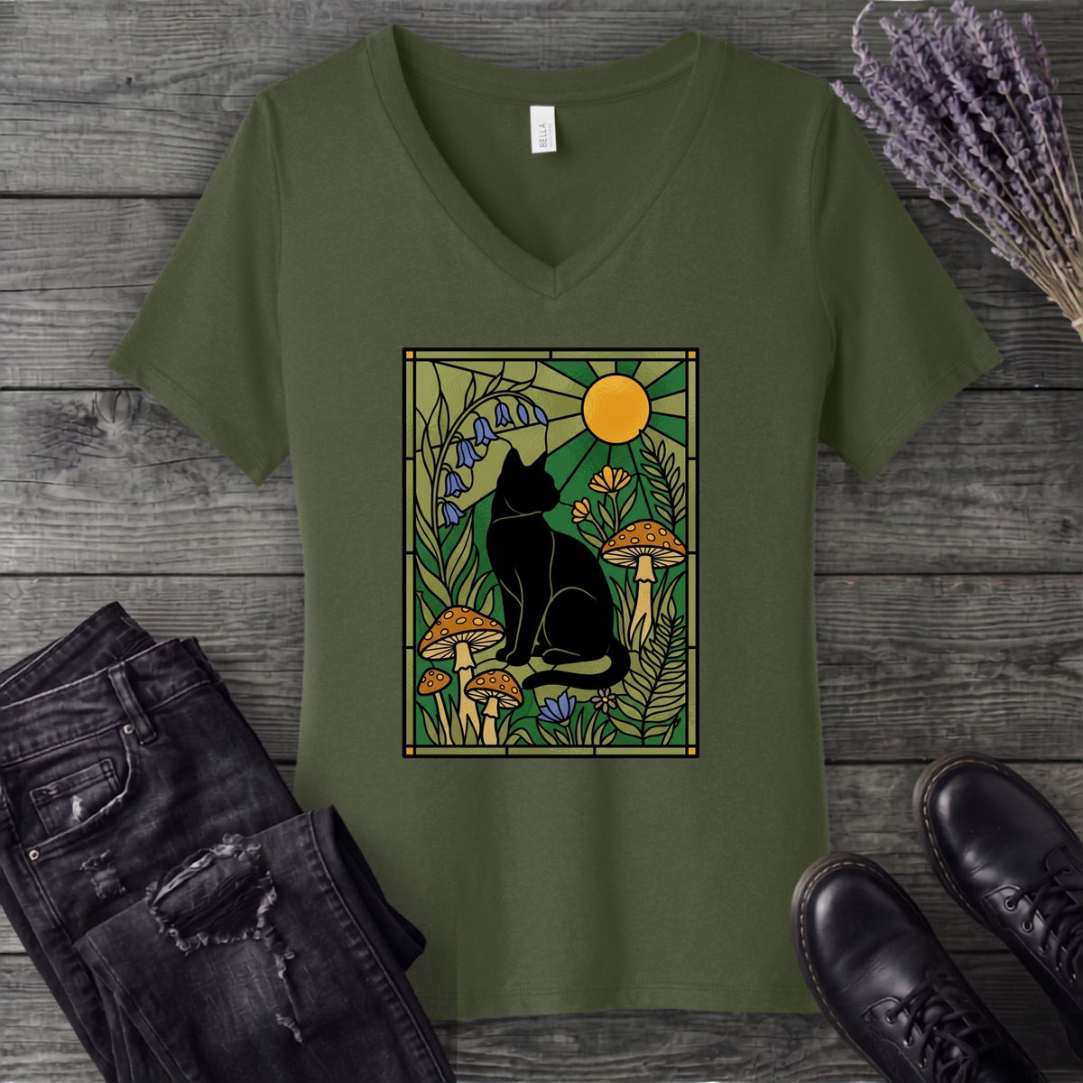 stained glass garden cat V-Neck T-Shirt