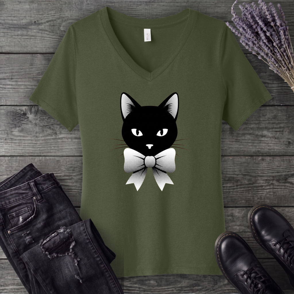 Retro Halftone Coquette Black Cat V-Neck T-Shirt