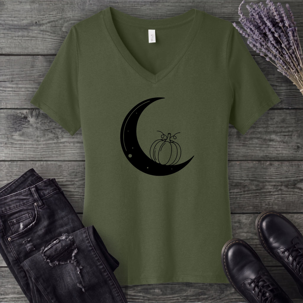 Moon And Pumpkin V-Neck T-Shirt